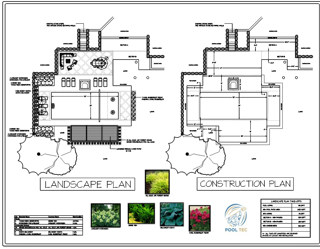 The 2D landscape and construction plan for the same backyard, with the pool, spa, pergola and planting drawn to scale