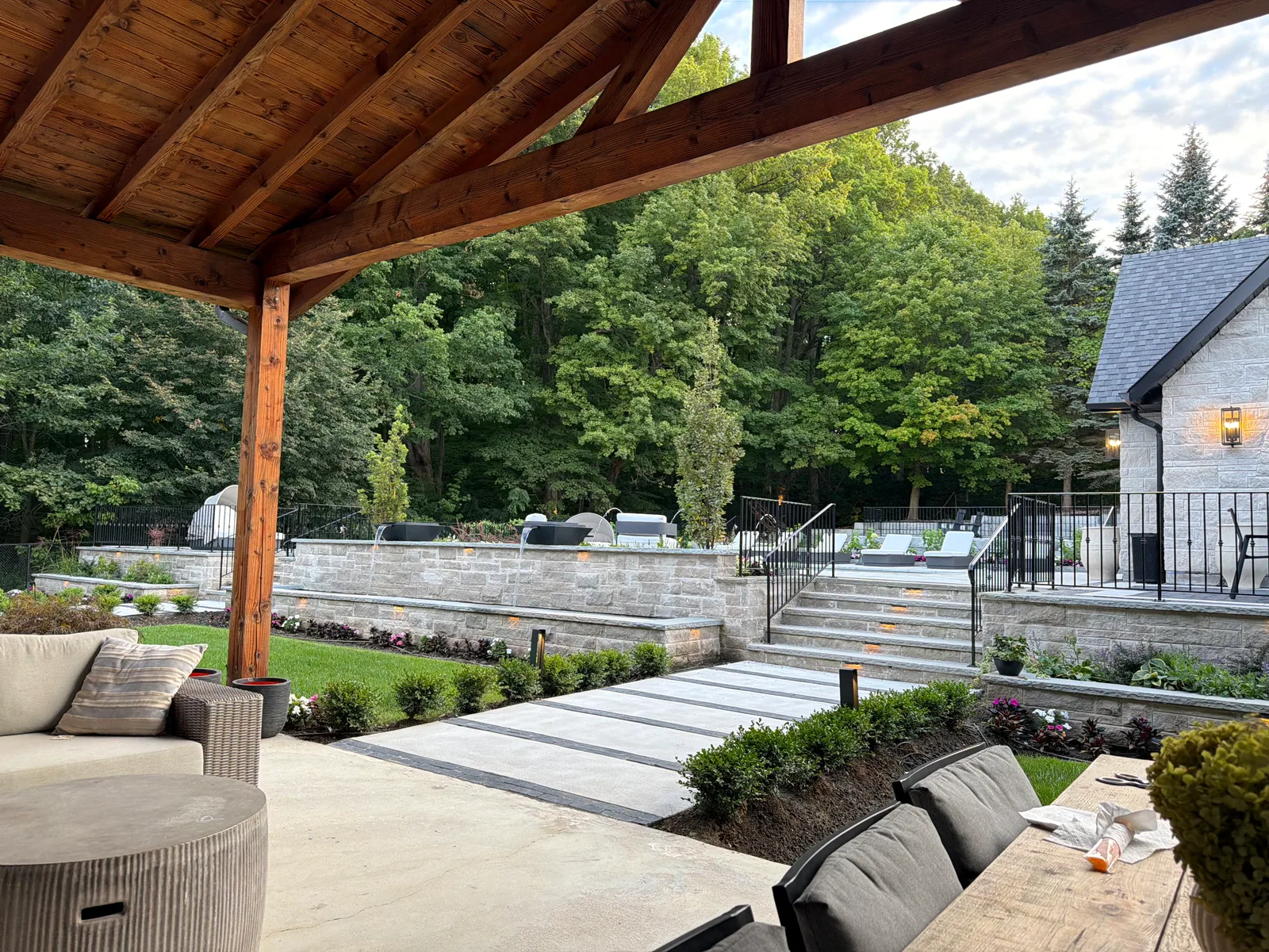 Covered patio looking out over the pool and garden