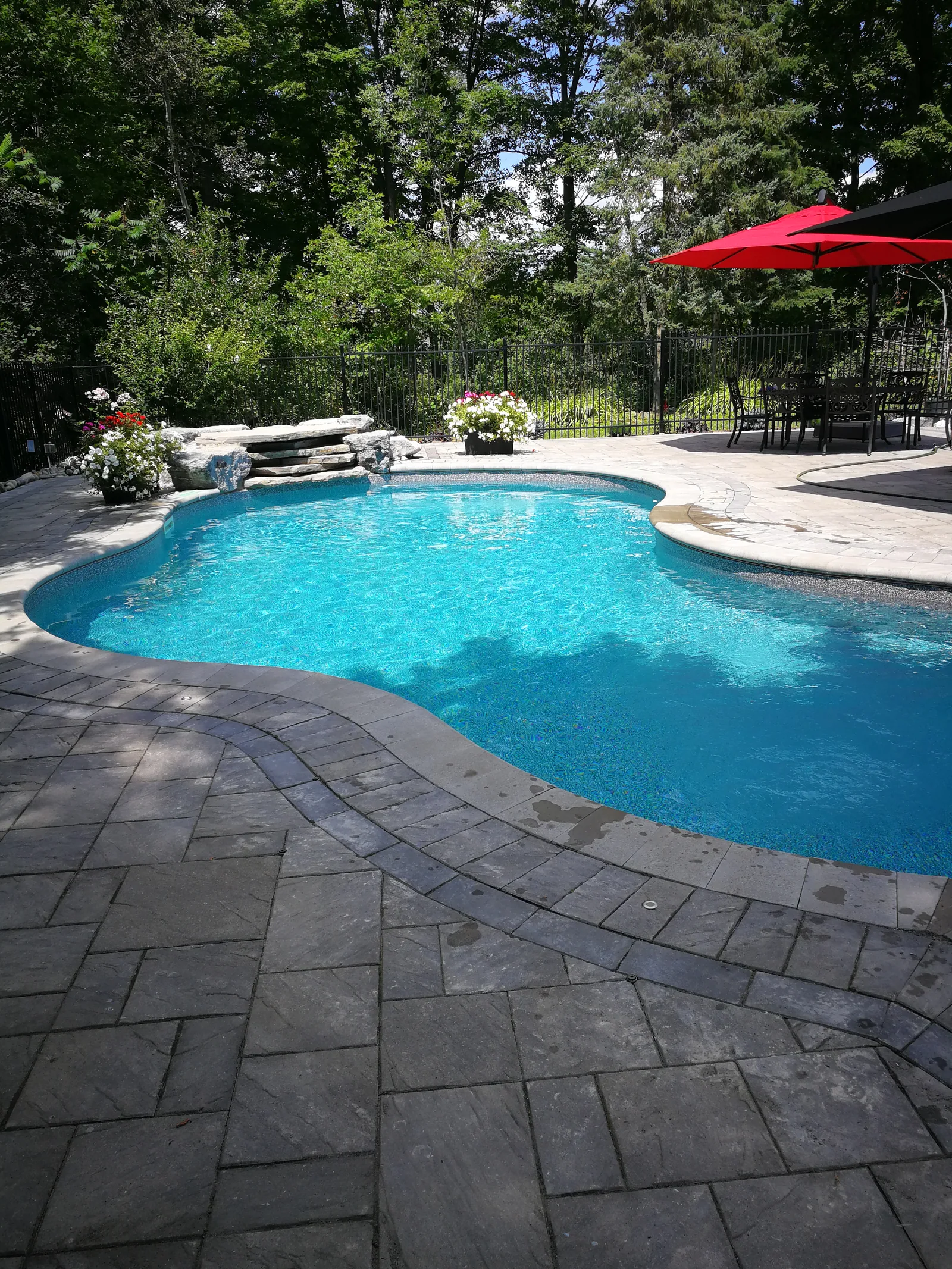Freeform pool with a shaded lounge and umbrella