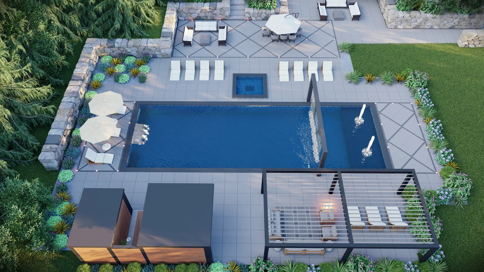 Aerial 3D render of a pool, spa, pergolas and cabana with armour stone walls and planted beds