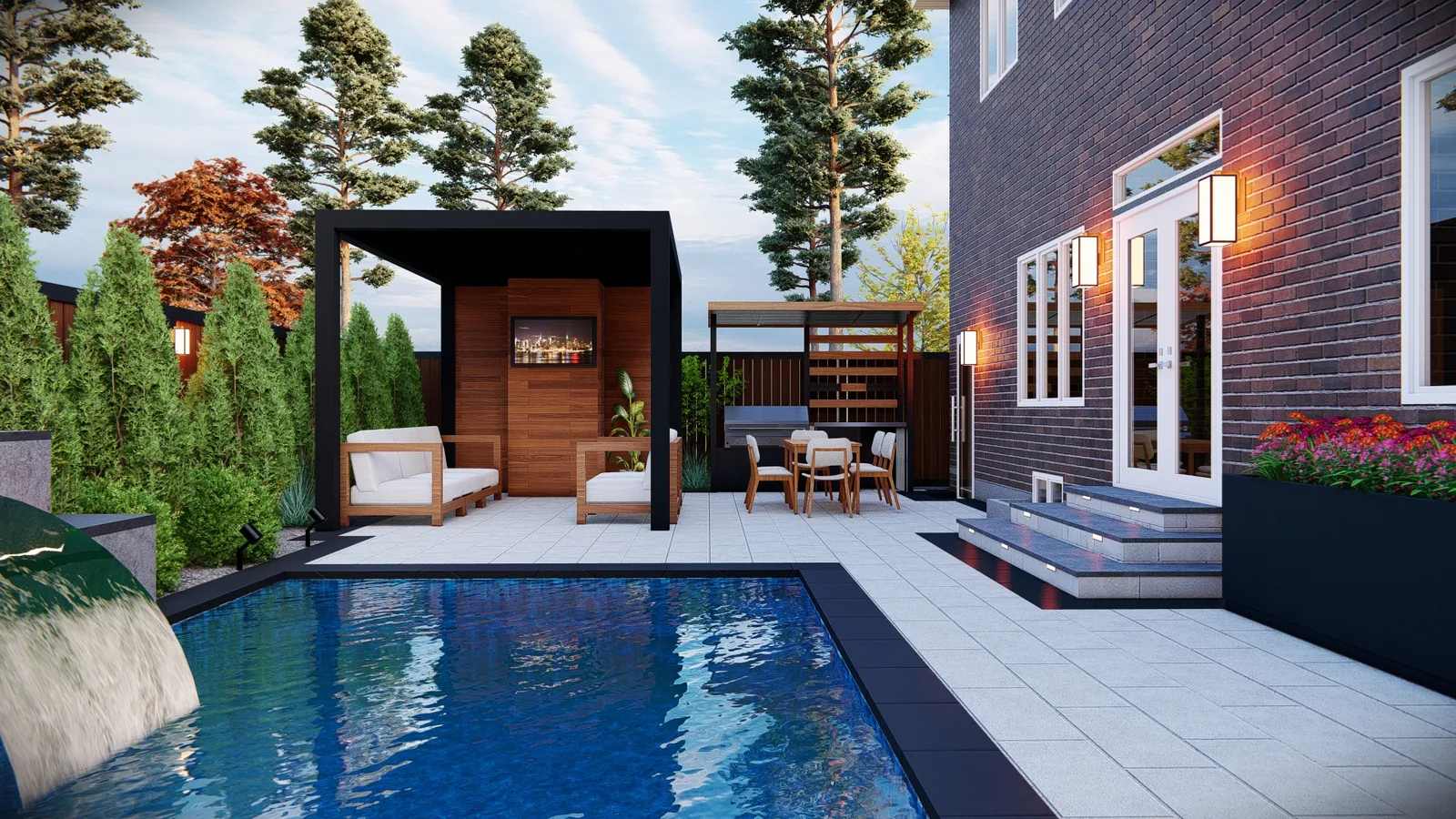 3D render of a cabana with a TV wall, a BBQ station and lit stone steps beside a pool