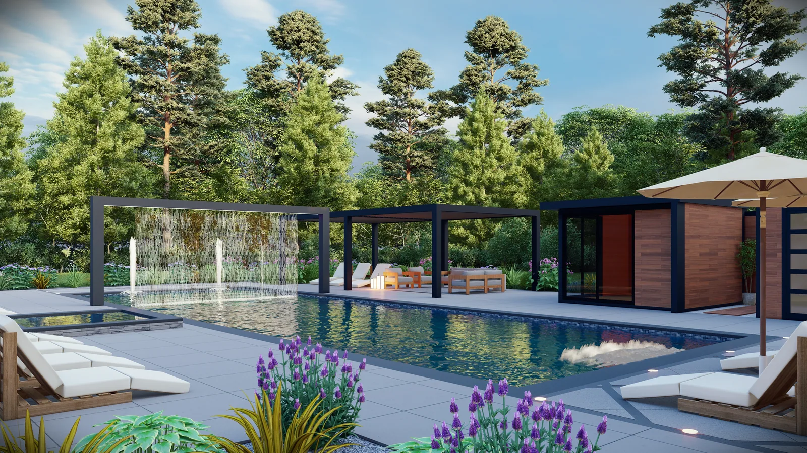 3D render of a backyard pool with a rain curtain pergola, a lounge pergola, a cabana and a spa