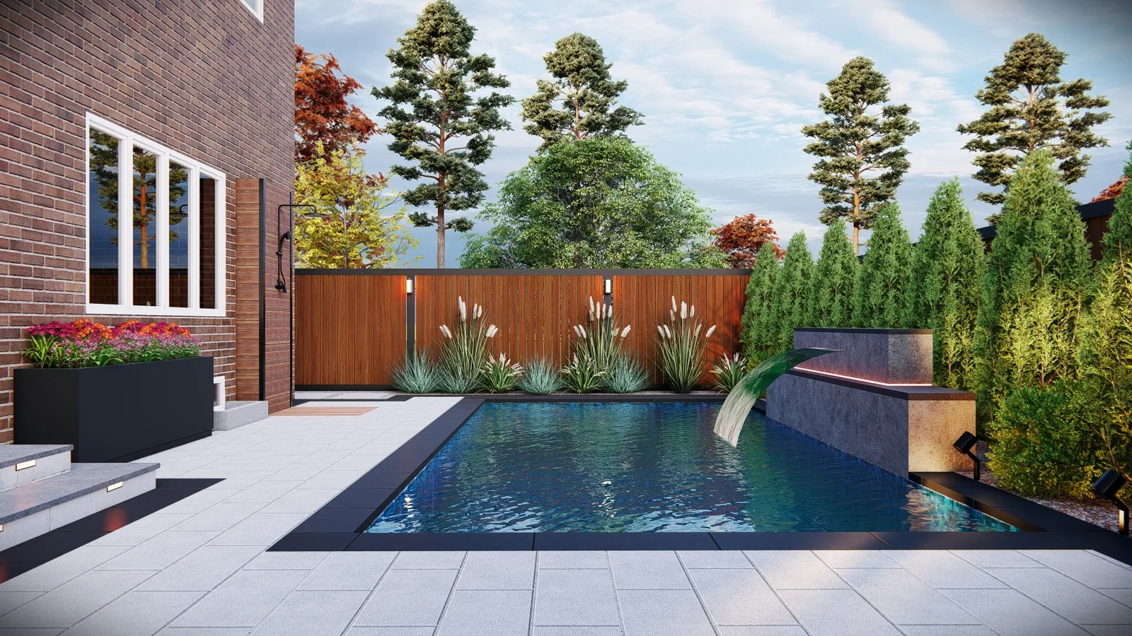 3D render of a sheer descent waterfall wall with a cedar hedge, planted grasses and an outdoor shower