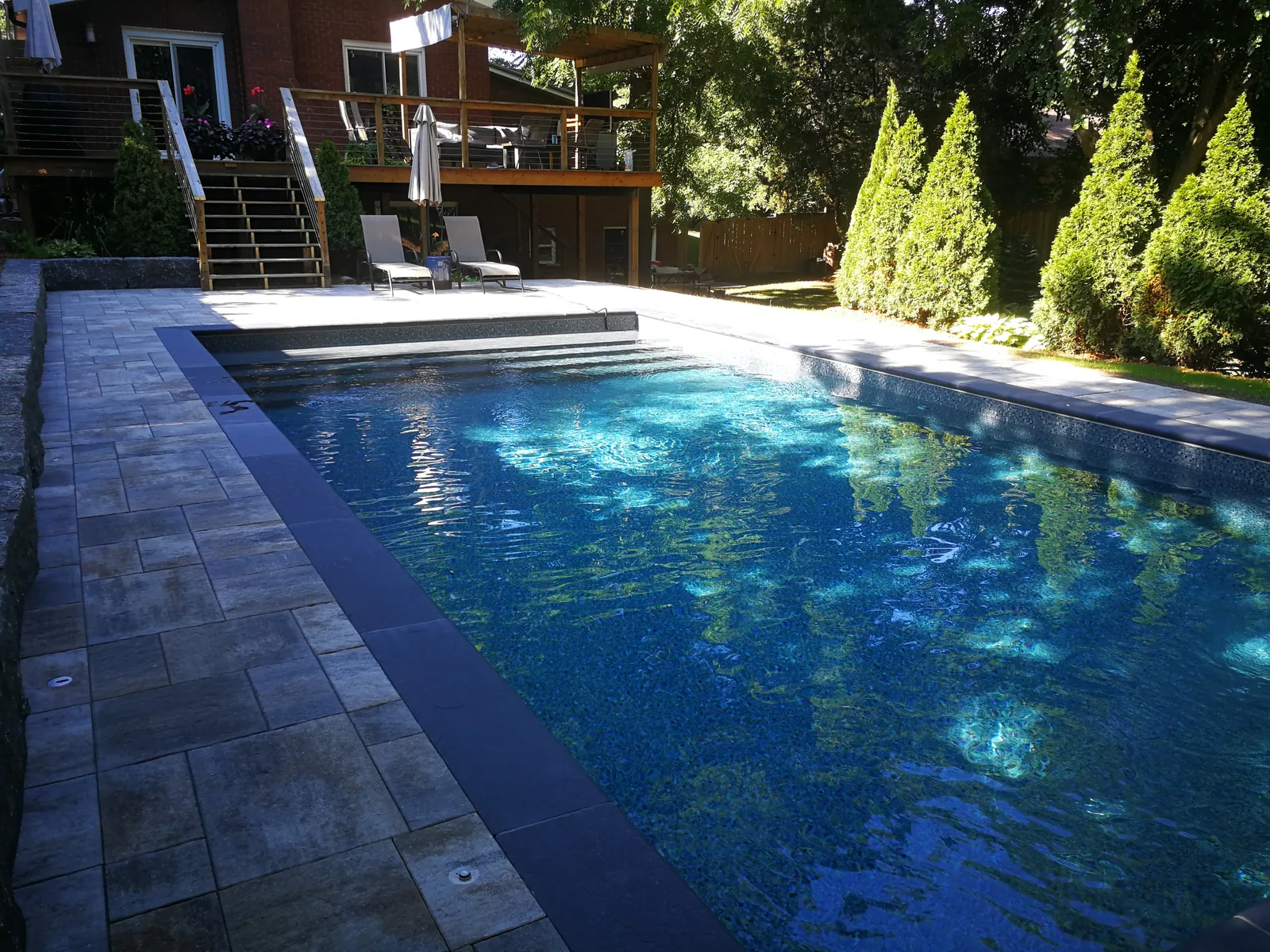 Dark bottom pool with a stone deck and a cedar hedge