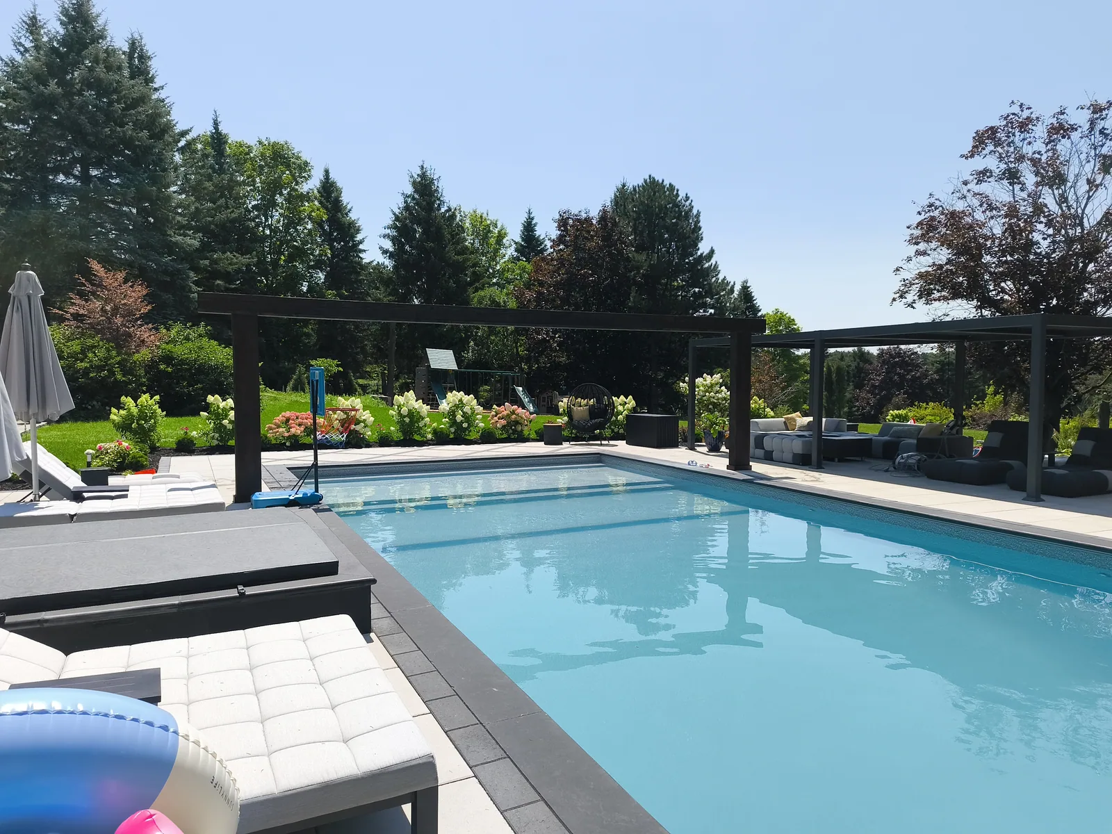 Pool with a pergola, loungers and a planted garden