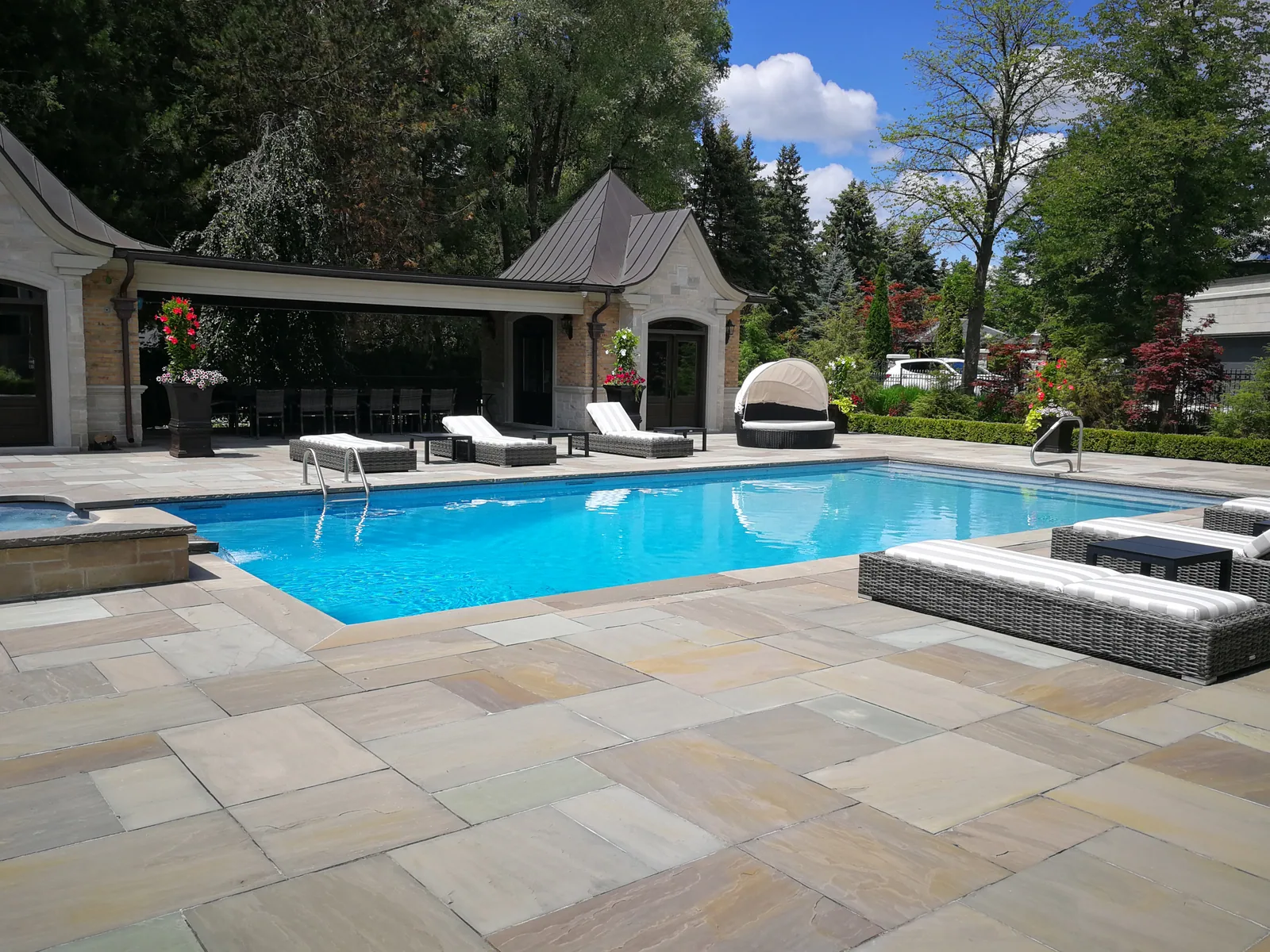 Custom inground pool with stone deck and cabana, Stouffville Ontario